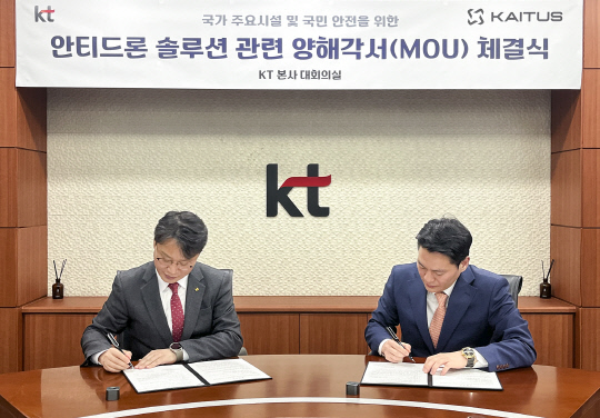 성원제(왼쪽) KT 강남법인고객본부장(상무)과 김원희 카이투스테크놀로지 대표가 업무 협약을 체결하고 있다. KT 제공